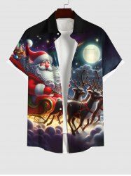 Plus Size Christmas Santa Claus Elk Moon Star Print Buttons Pocket Shirt For Men -  
