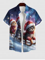Plus Size Christmas Tree Cat Sled Galaxy Tie Dye Star Print Buttons Pocket Shirt For Men -  