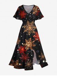 Robe Mi-Longue Fendue 3D Flocon de Neige de Noël Imprimé de Grande Taille à Paillettes - Noir 5X