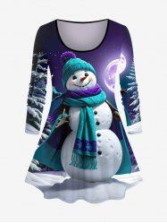 Plus Size Christmas Tree Snow Snowman Glitter Moon Ombre Galaxy Print Long Sleeves T-shirt -  