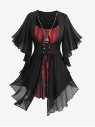 Plus Size Lace Up Cross Chain Ruched Ombre Ruffles Butterfly Sleeves Asymmetrical T-shirt -  