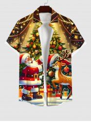Plus Size Christmas Tree Light Ball Santa Claus Elk Print Buttons Pocket Shirt For Men -  