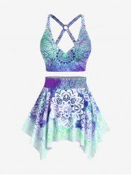 Plus Size Ethnic Printed Ombre O-ring Padded Three Piece Skirt Tankini Swimsuit -  