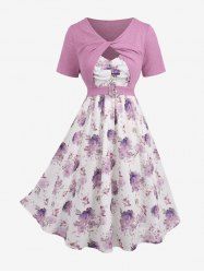 Plus Size Twist Buckle Grommets Ribbed Textured Top and Flower Printed Ruched Cami Dress -  