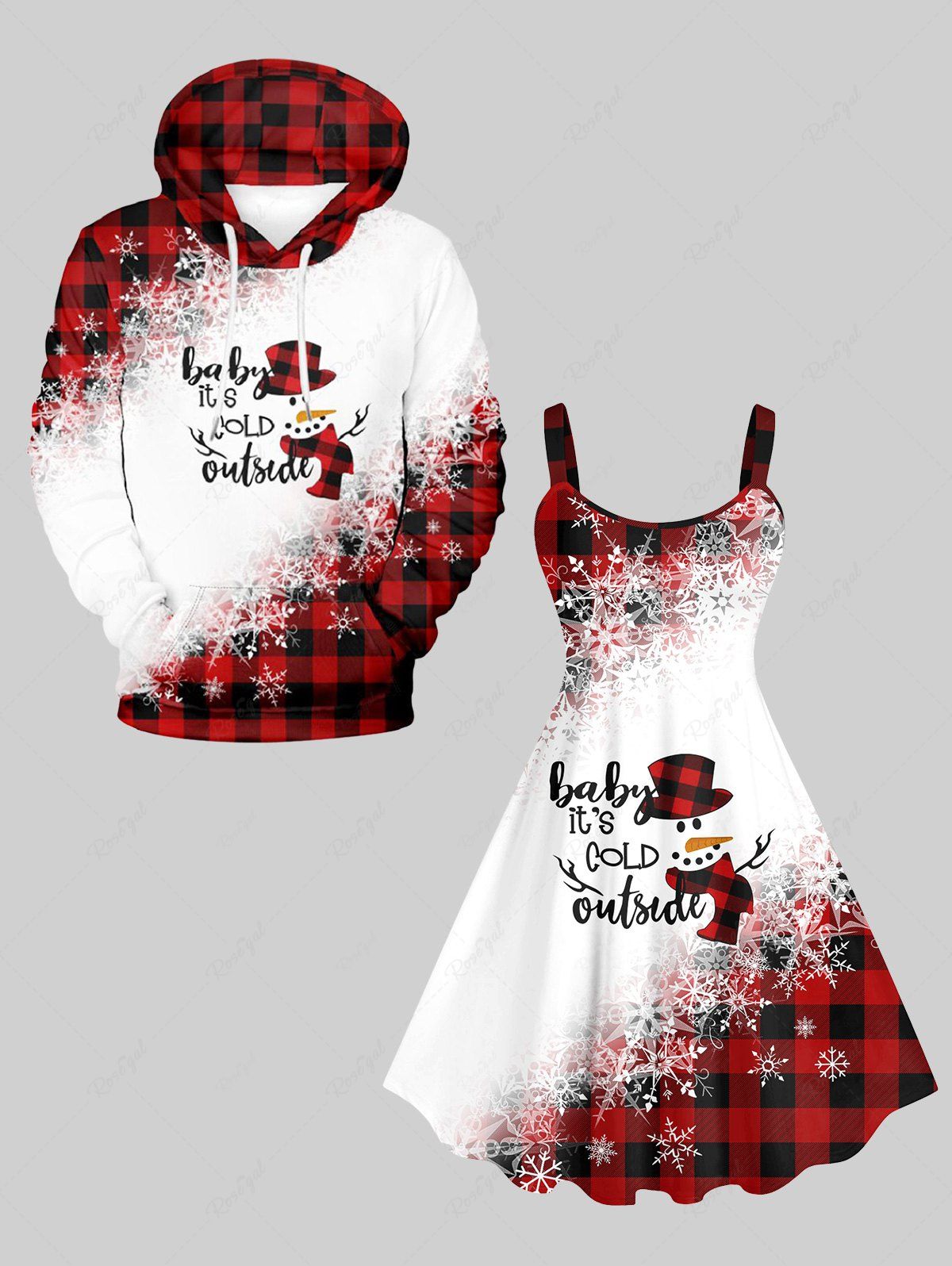 Tenue Trapèze à Carreaux avec Imprimé Bonhomme de Neige et Flocons de Neige de Noël Grande-Taille pour Couples Rouge 