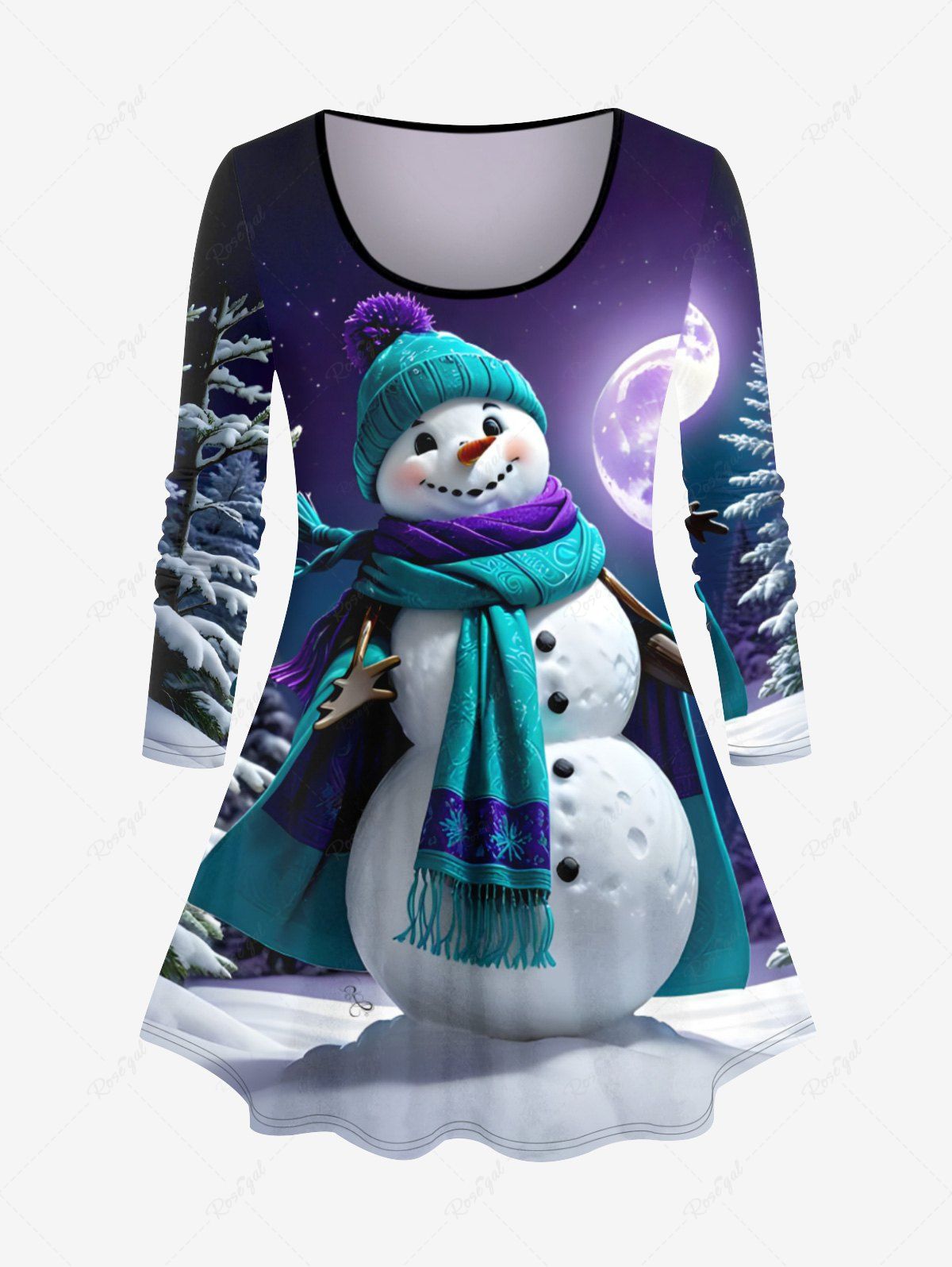 Unique Plus Size Christmas Tree Snow Snowman Glitter Moon Ombre Galaxy Print Long Sleeves T-shirt  