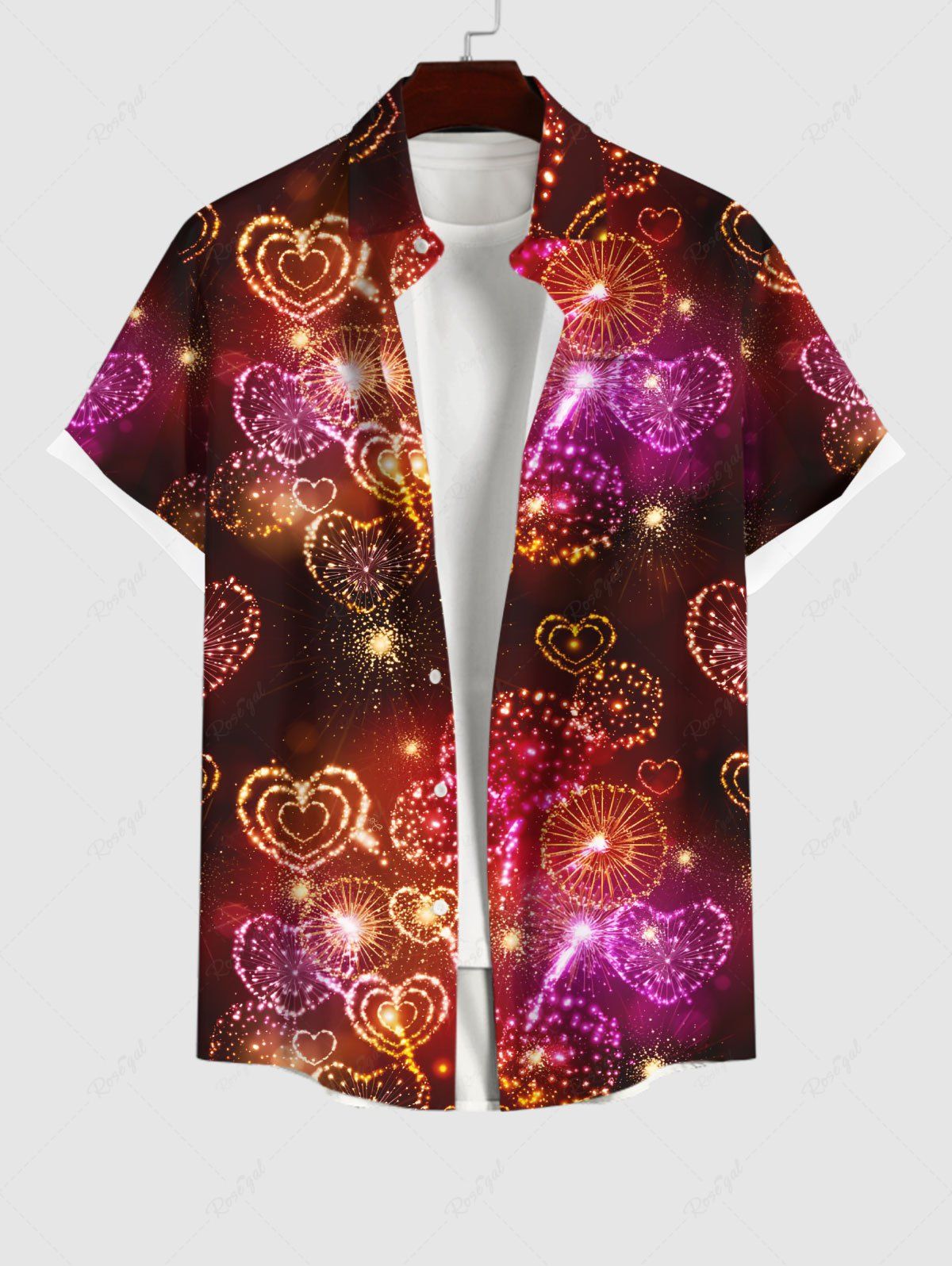 Chic Plus Size Christmas Glitter Heart Fireworks Galaxy Print Button Pocket Shirt For Men  
