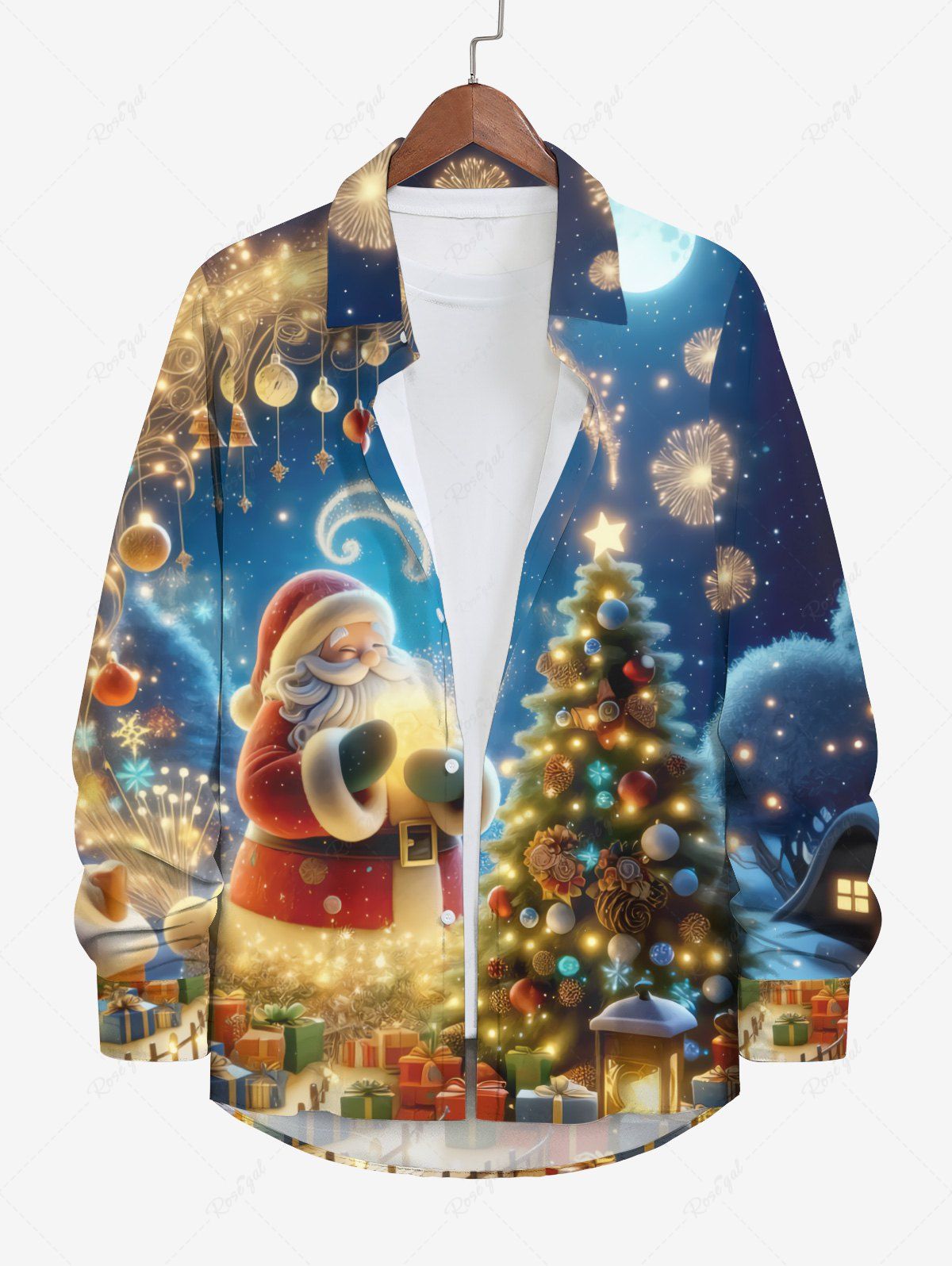 Outfit Plus Size Glitter Christmas Tree Ball Light Santa Claus Fireworks Ombre Galaxy Snowflake Print Long Sleeves Shirt For Men  