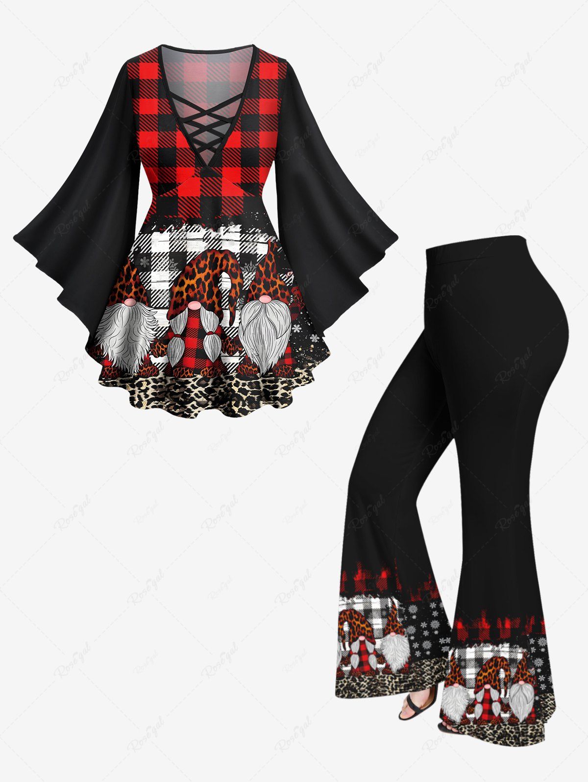 Hot Christmas Hat Santa Claus Leopard Plaid Print Plus Size Matching Set  