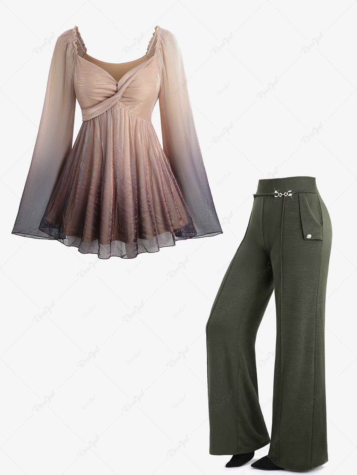 Discount Ombre Mesh Ruffles Ruched Shoulder Flare Sleeves Top and Wide Leg Pants Plus Size Outfit  
