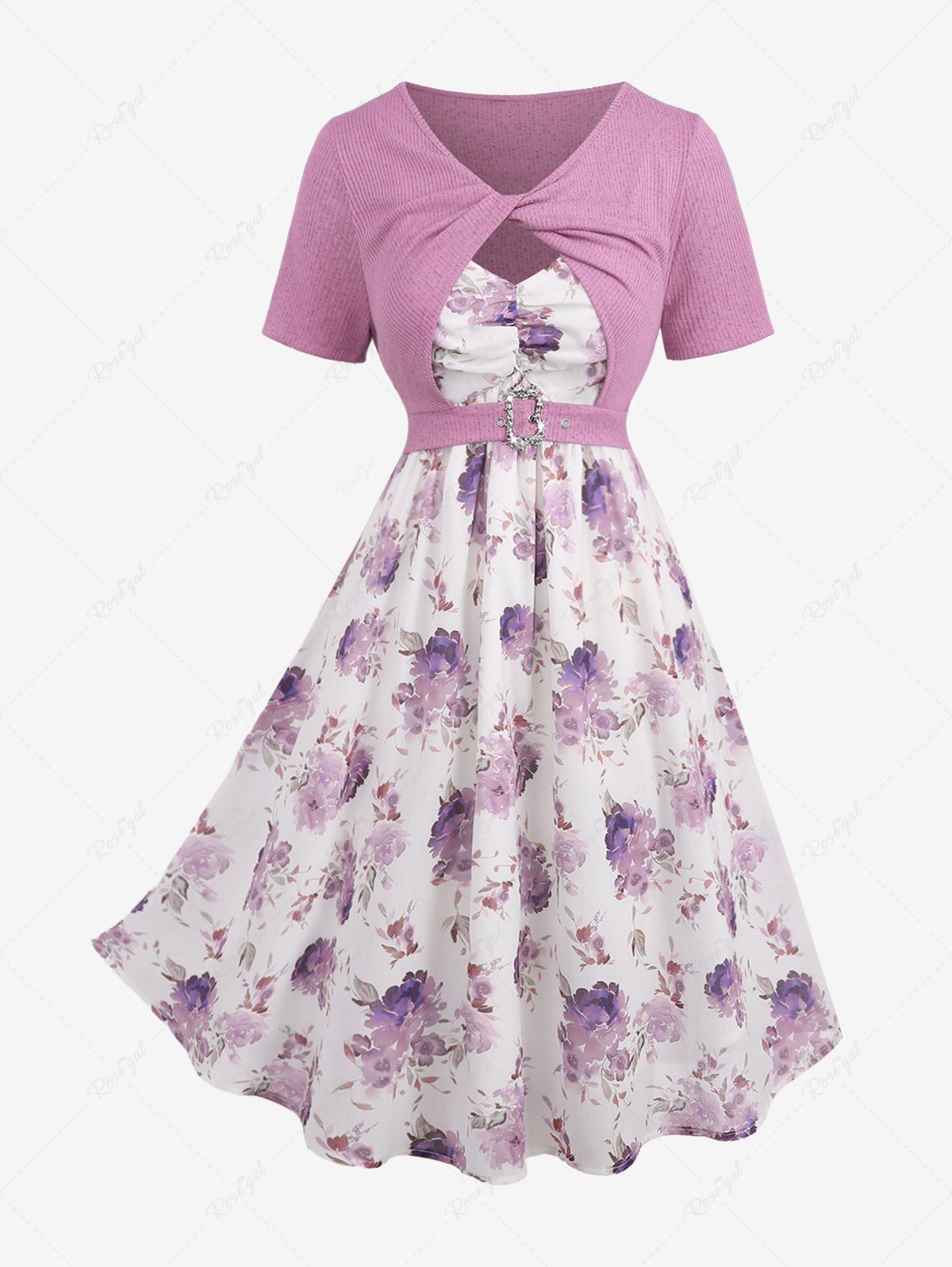 Fancy Plus Size Twist Buckle Grommets Ribbed Textured Top and Flower Printed Ruched Cami Dress  