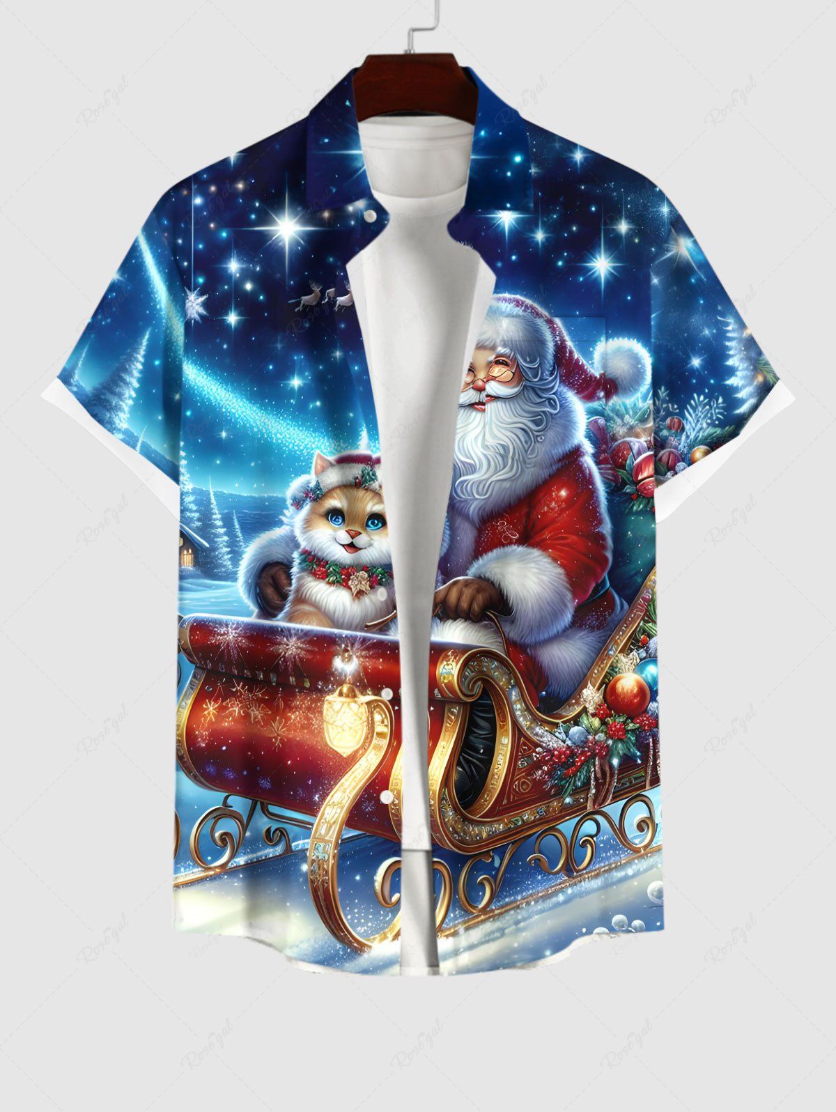 Shop Plus Size Christmas Santa Claus Cat Sled Star Glitter 3D Print Buttons Pocket Shirt For Men  
