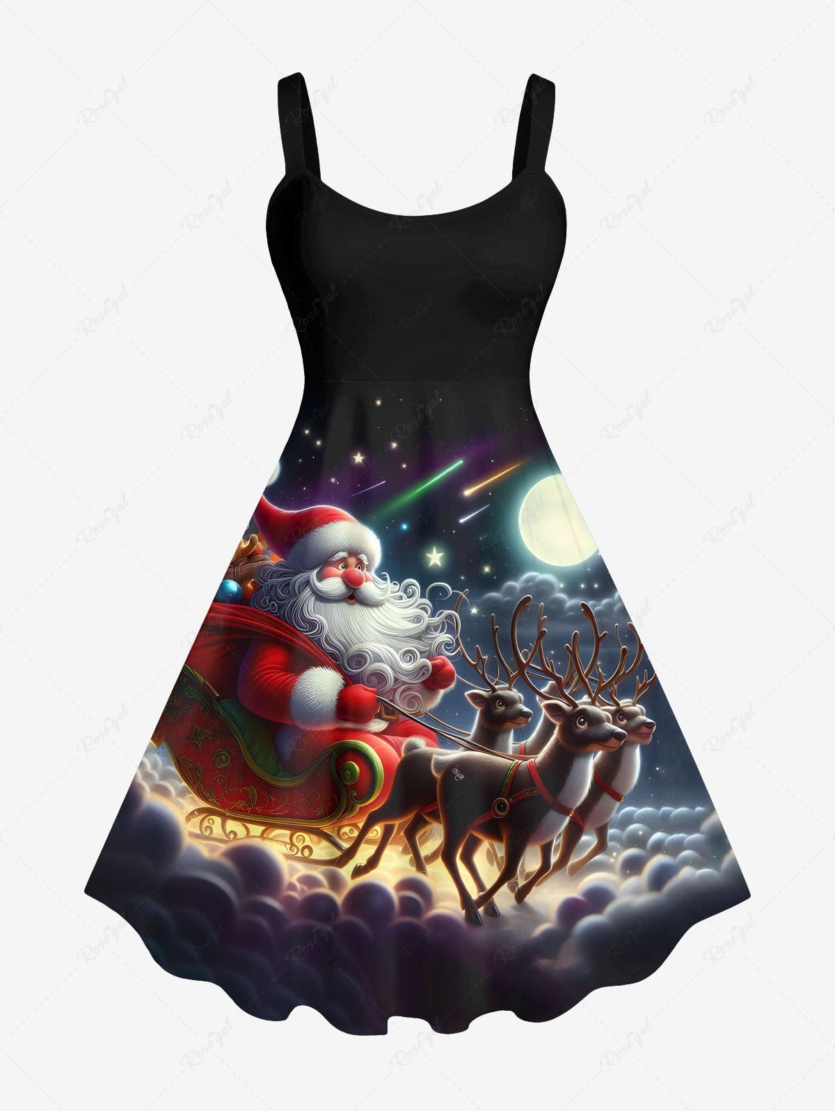 Robe Etoile Lune et Cerf de Noël Imprimés de Grande Taille Noir 4X