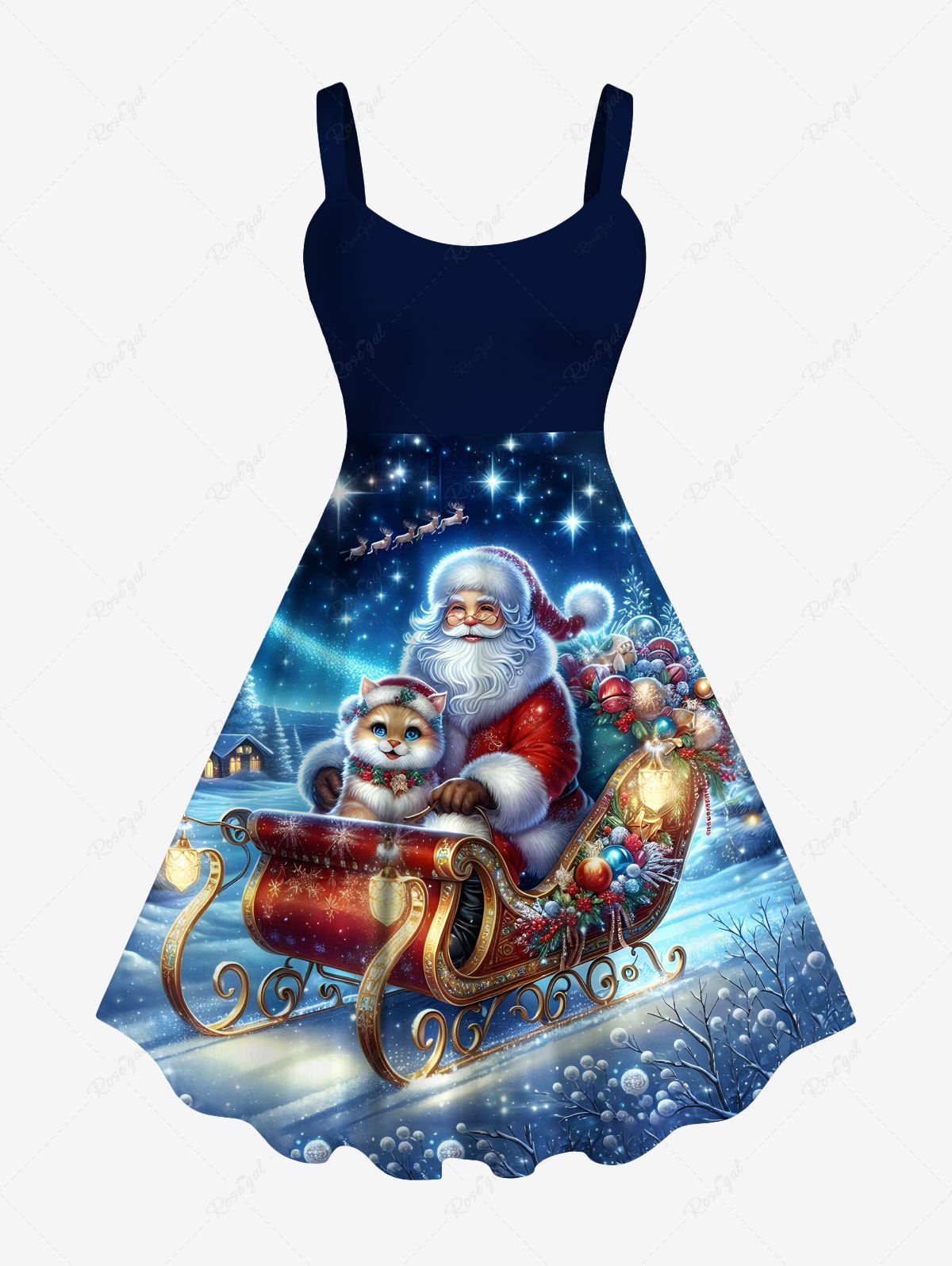 Robe Etoile Chat et Traîneau Imprimés de Noël de Grande Taille à Paillettes Multi-A 1X