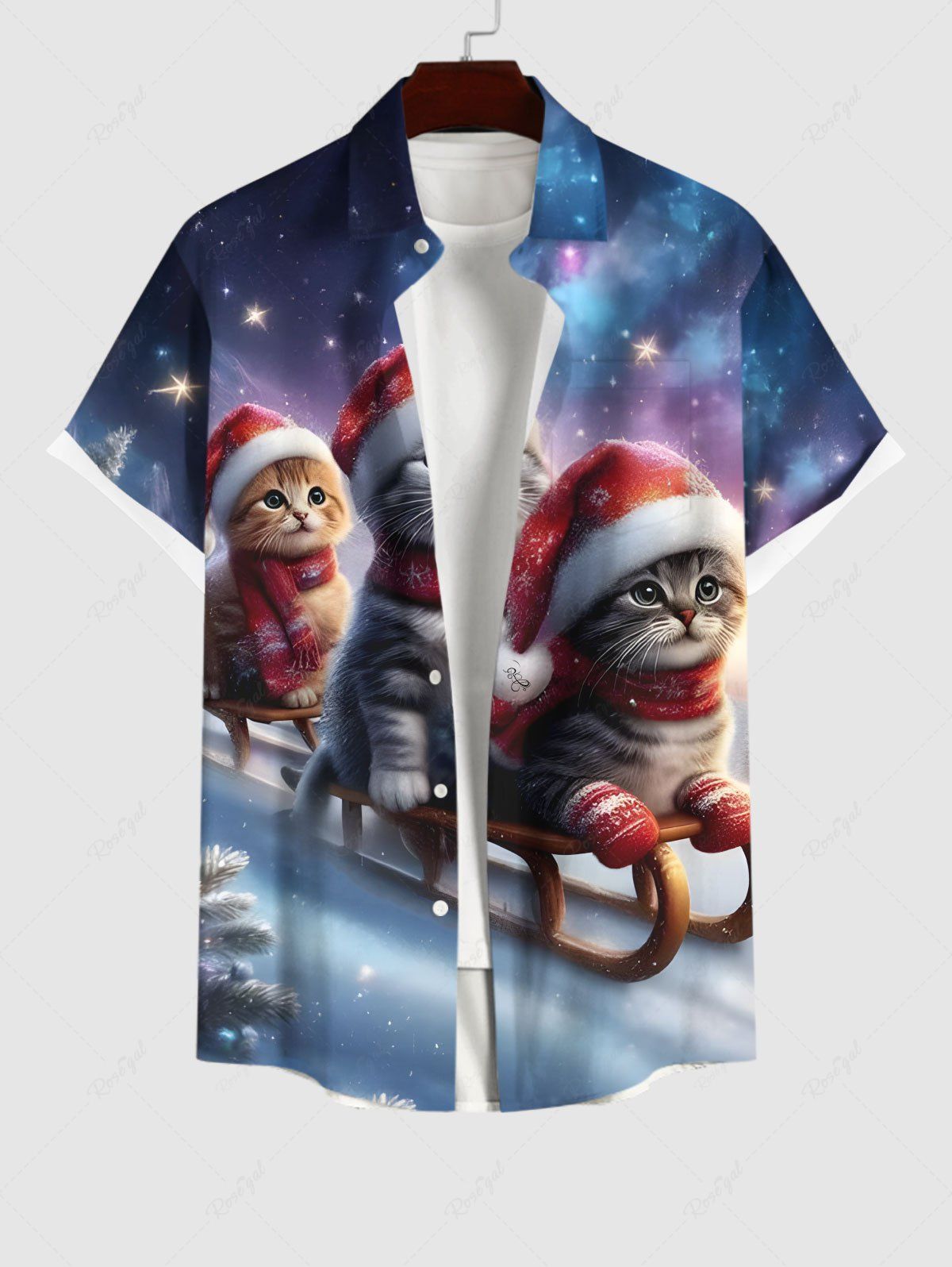 Trendy Plus Size Christmas Tree Cat Sled Galaxy Tie Dye Star Print Buttons Pocket Shirt For Men  