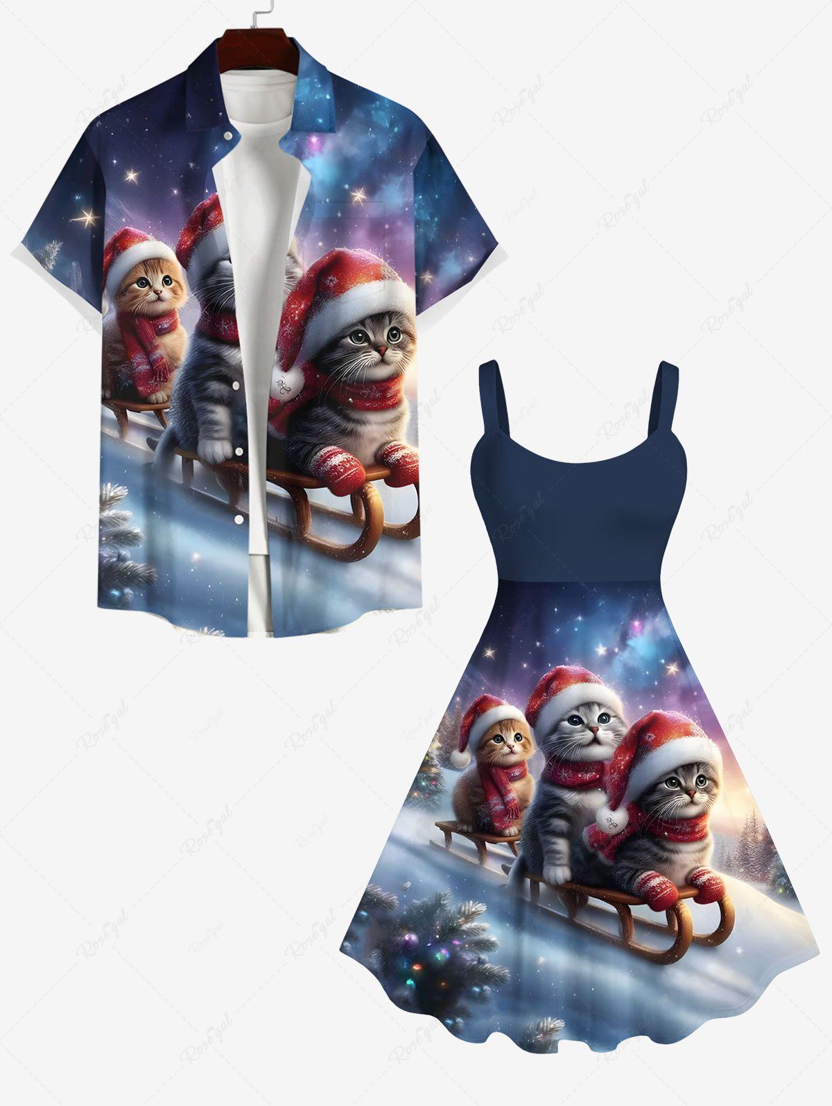 Best Christmas Tree Cat Sled Galaxy Tie Dye Star Print Plus Size Matching Outfit For Couples  
