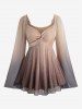 Ombre Mesh Ruffles Ruched Shoulder Flare Sleeves Top and Wide Leg Pants Plus Size Outfit -  