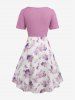 Plus Size Twist Buckle Grommets Ribbed Textured Top and Flower Printed Ruched Cami Dress -  