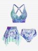 Plus Size Ethnic Printed Ombre O-ring Padded Three Piece Skirt Tankini Swimsuit -  