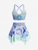 Plus Size Ethnic Printed Ombre O-ring Padded Three Piece Skirt Tankini Swimsuit -  