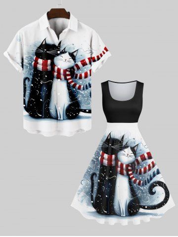 Christmas Scarf Cat Lovers Print Plus Size Matching Set For Couples - MULTI-A