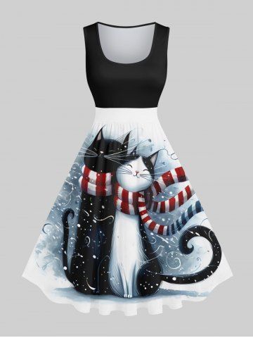 Plus Size Christmas Scarf Cat Lovers Print Vintage Swing A Line Dress - BLACK - 1X