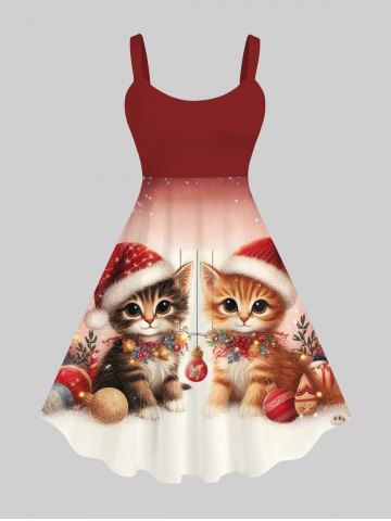 Plus Size Christmas Ball Light Cats Ombre Glitter 3D Print Tank Dress - RED - 1X