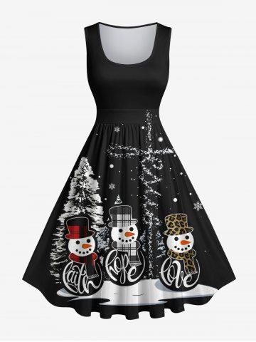 Plus Size Christmas Tree Snowman Snowflake Cross Print 1950s Vintage Dress - BLACK - 3X