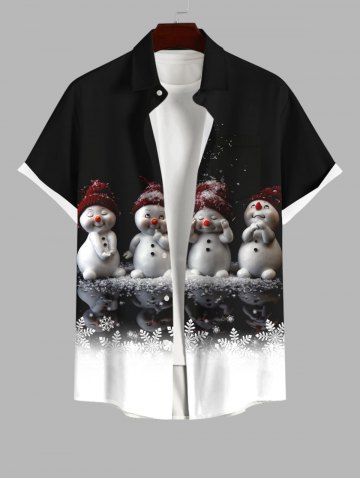 Plus Size Christmas Snowman Snowflake Colorblock Print Buttons Pocket Shirt For Men - BLACK - L