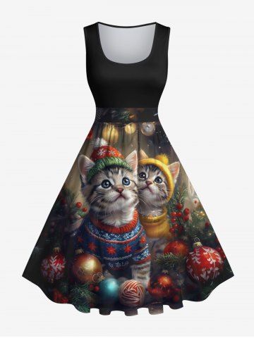 Plus Size Christmas Ball Light Cats Print 1950s Vintage Dress - BLACK - S