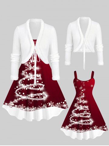 Fluffy Trim Cropped Textured Tie Front Cardigan and Christmas Tree Snowflake Print Tank Dress Plus Size Outfit - RED