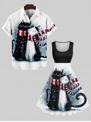 Ensemble Écharpe Assortis Imprimé Chat de Noël Grande Taille pour Couple - Multi-A 
