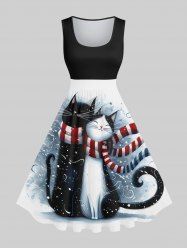 Robe de Noël Trapèze Vintage Echarpe Ceinturée Chat Imprimée de Grande Taille - Noir M