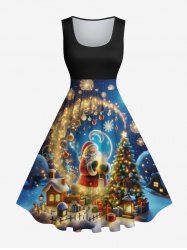 Robe Vintage Père Noël Sapin de Noël et Feu D'Artificiel Imprimés Grande Taille à Paillettes - Noir 2X