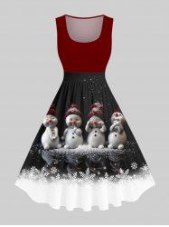 Robe Vintage Bonhomme de Neige Flocon de Neige et Neige Imprimés en Blocs de Couleurs de Grande Taille - Rouge L