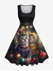 Plus Size Christmas Ball Light Cats Print 1950s Vintage Dress -  