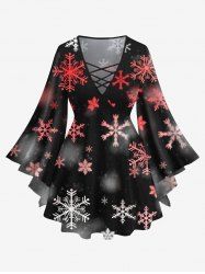 Plus Size Christmas Snowflake Ombre Print Lattice Crisscross Flare Sleeve T-shirt -  