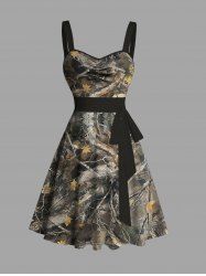Mini Robe Camouflage Ceinturée Branche D'Arbre Feuille sans Manches - Vert profond XL | États-Unis 16