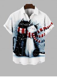 Plus Size Christmas Scarf Cat Lovers Print Button Pocket Shirt For Men -  