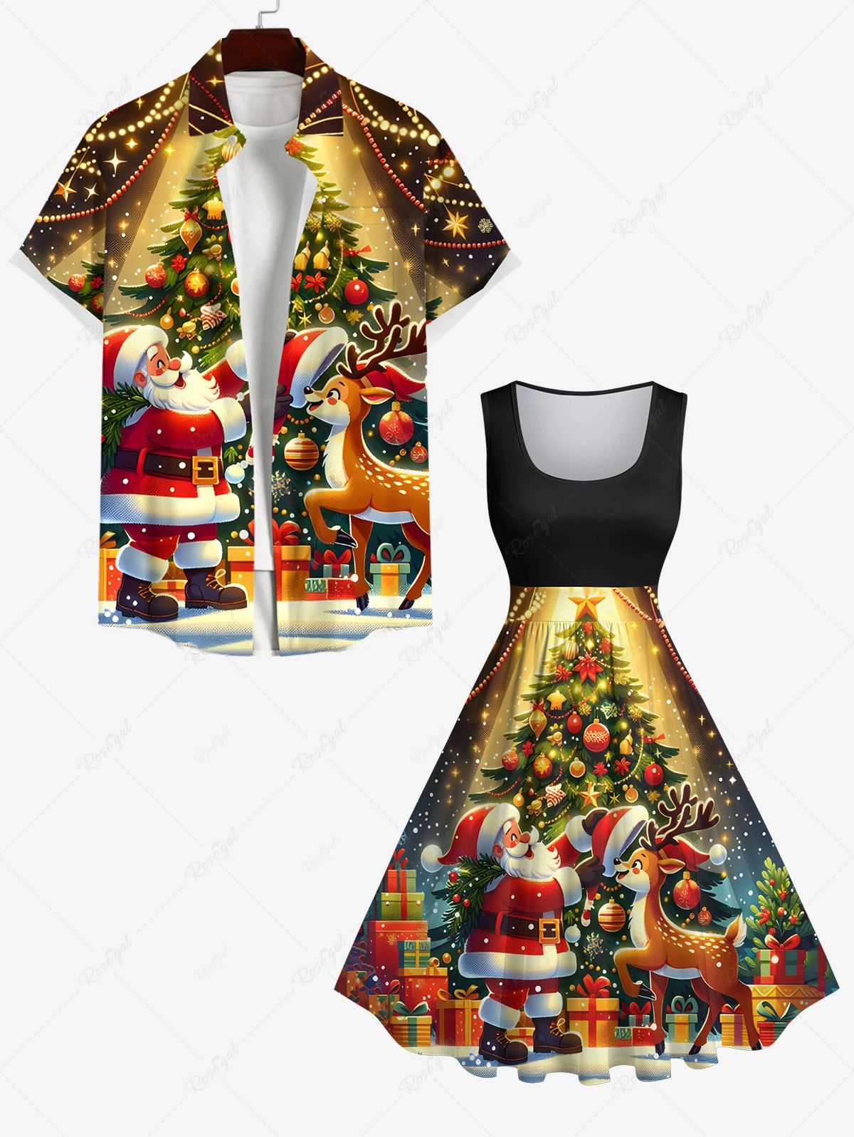 Shop Christmas Tree Light Ball Santa Claus Elk Print Plus Size Matching Outfit For Couples  