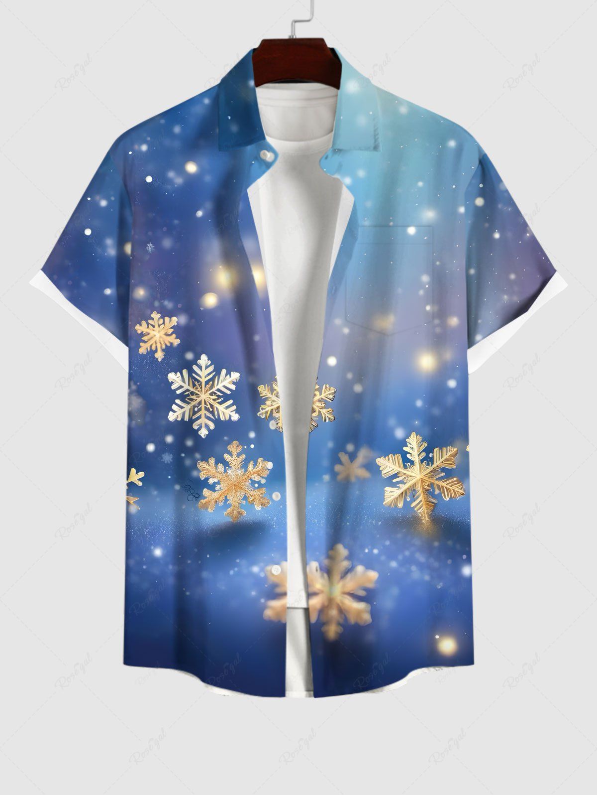 Chemise Boutonnée Imprimé Galaxie et Flocon de Neige Noël Brillantes Grande Taille avec Poche pour Homme Bleu Ciel 3XL