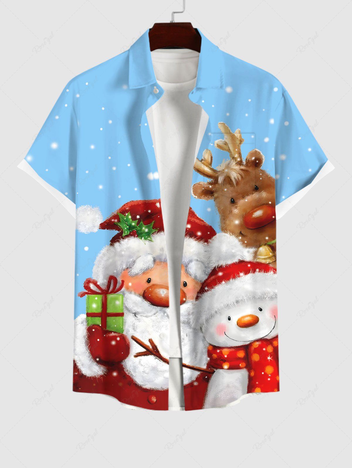Outfit Plus Size Christmas Elk Santa Claus Gift Snowflake Print Button Pocket Shirt For Men  