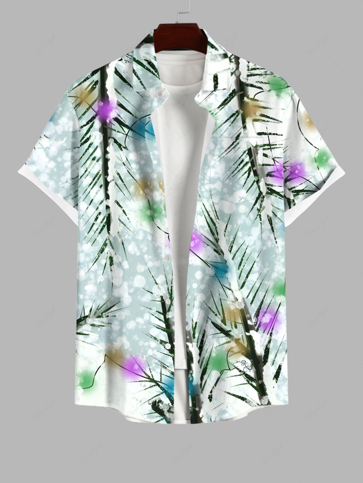 Chic Plus Size Christmas Tree Light Snowflake Print Button Pocket Shirt For Men  