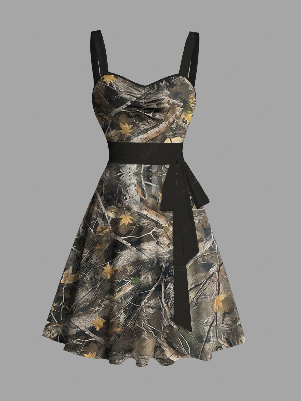 Mini Robe Camouflage Ceinturée Branche D'Arbre Feuille sans Manches Vert profond XL | États-Unis 16
