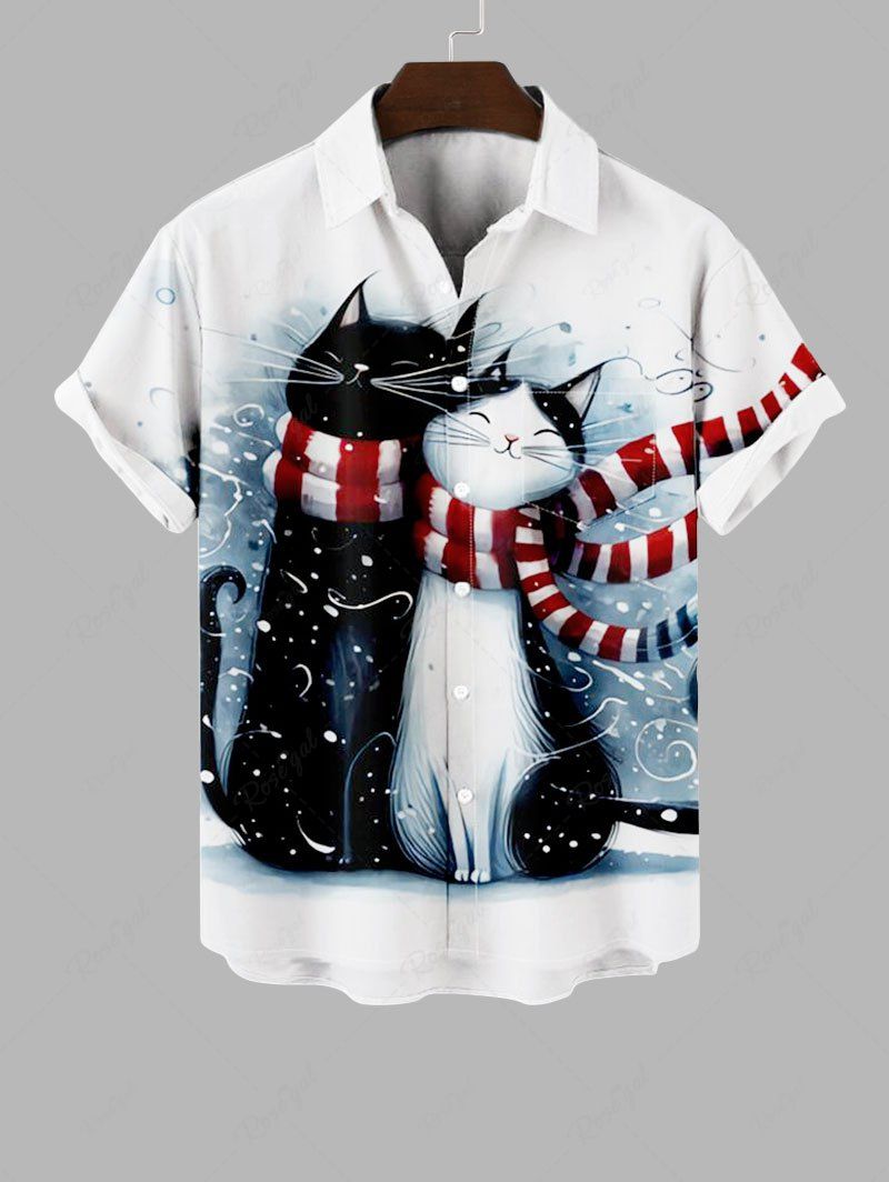 Chemise Boutonnée Chat de Noël Imprimé Grande Taille avec Poche Multi-A XL