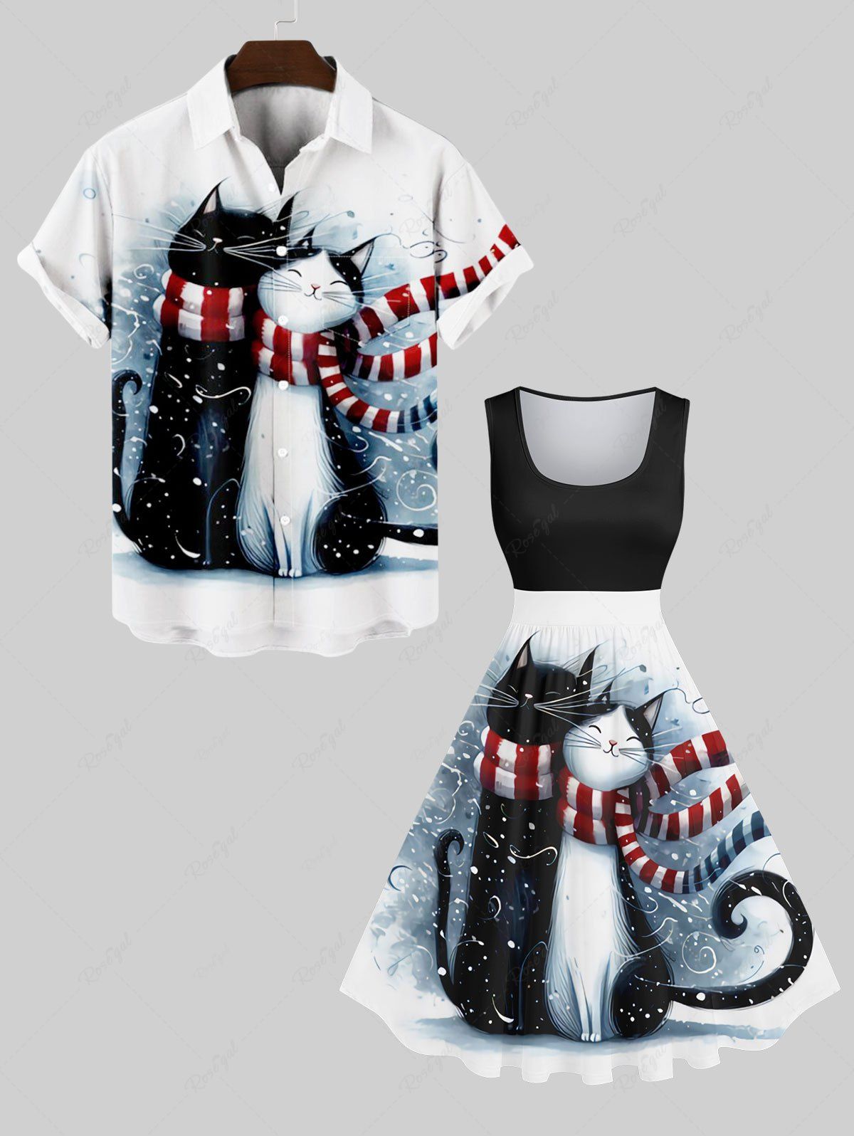 Ensemble Écharpe Assortis Imprimé Chat de Noël Grande Taille pour Couple Multi-A 