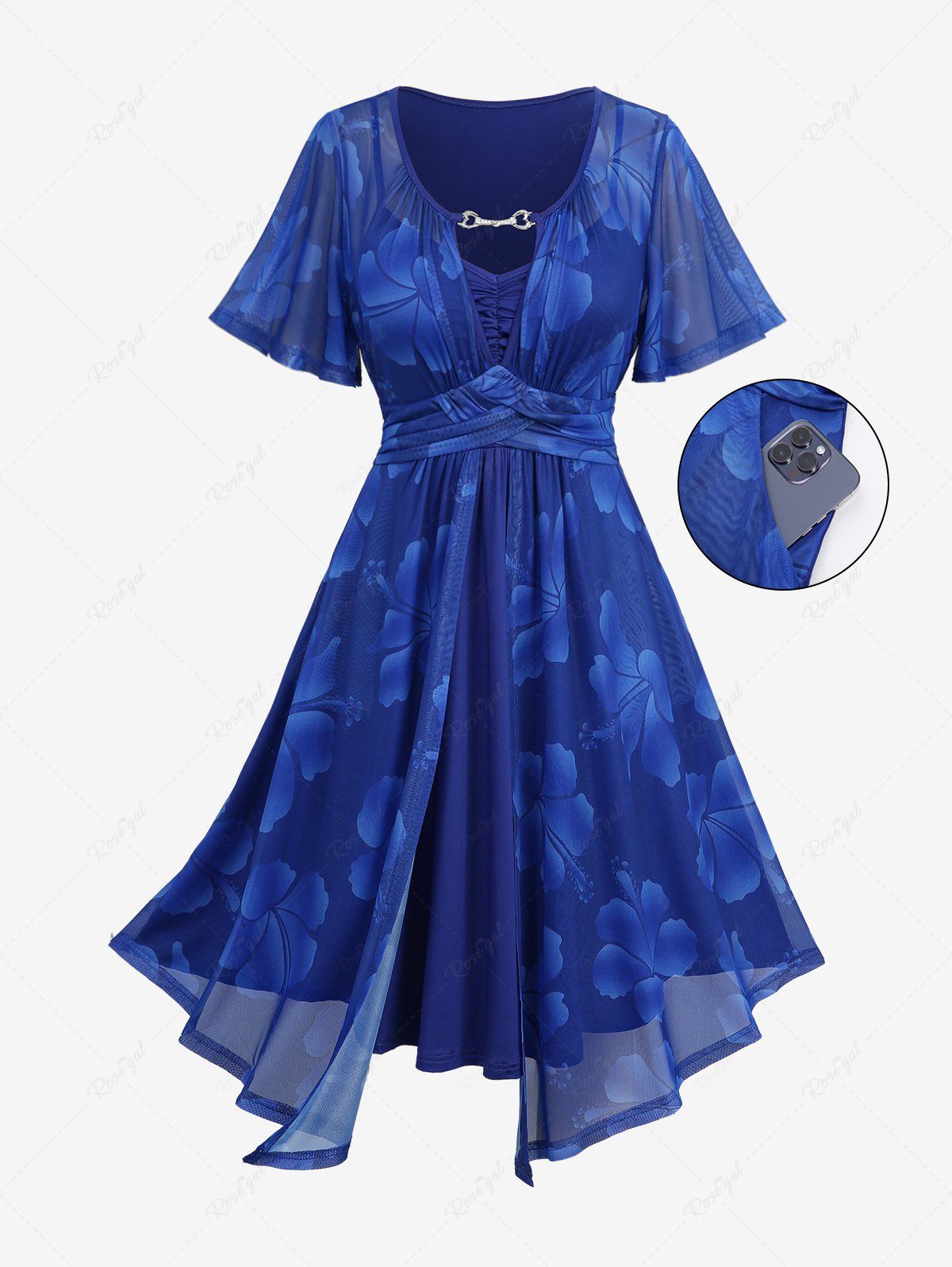 Cheap Plus Size Flowers Print Ruched Mesh Buckle Panel Braided Waist Pocket Dress  
