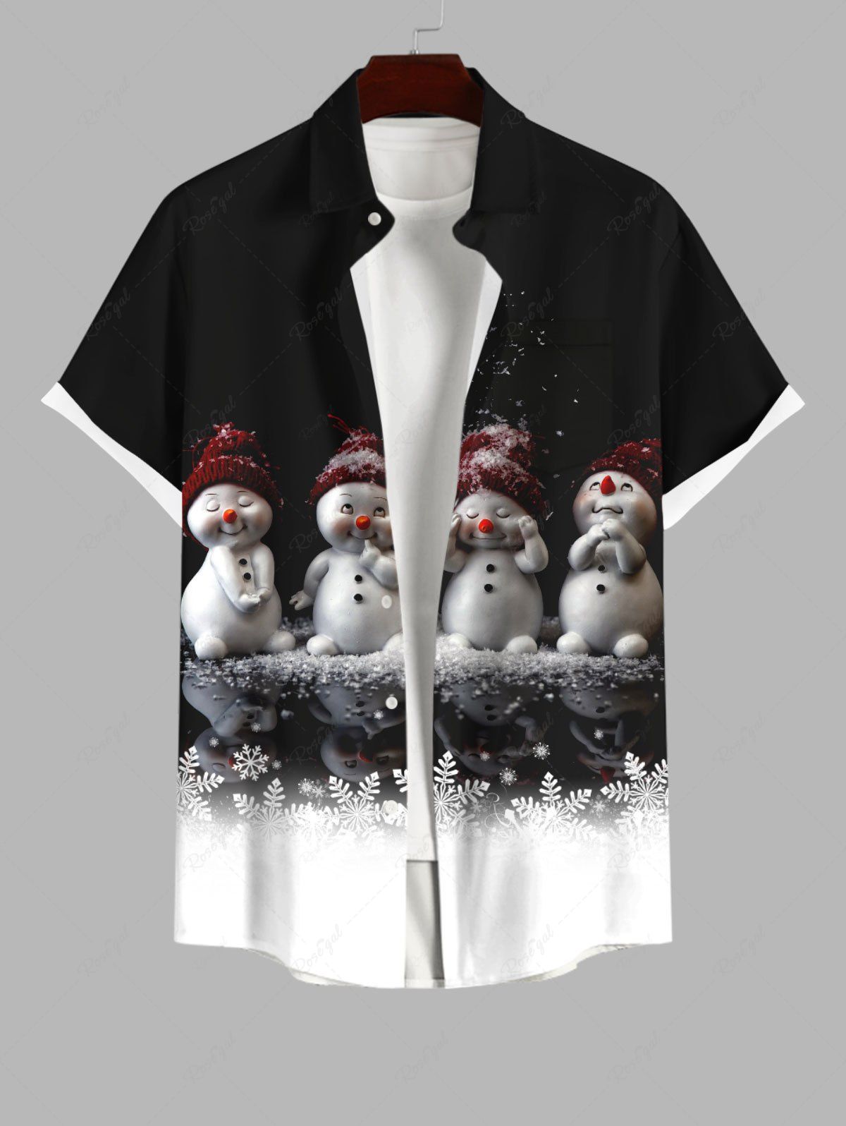 Chemise Flocon de Neige et Bonhomme de Neige Imprimés en Blocs de Couleurs avec Poche de Grande Taille pour Homme Noir L