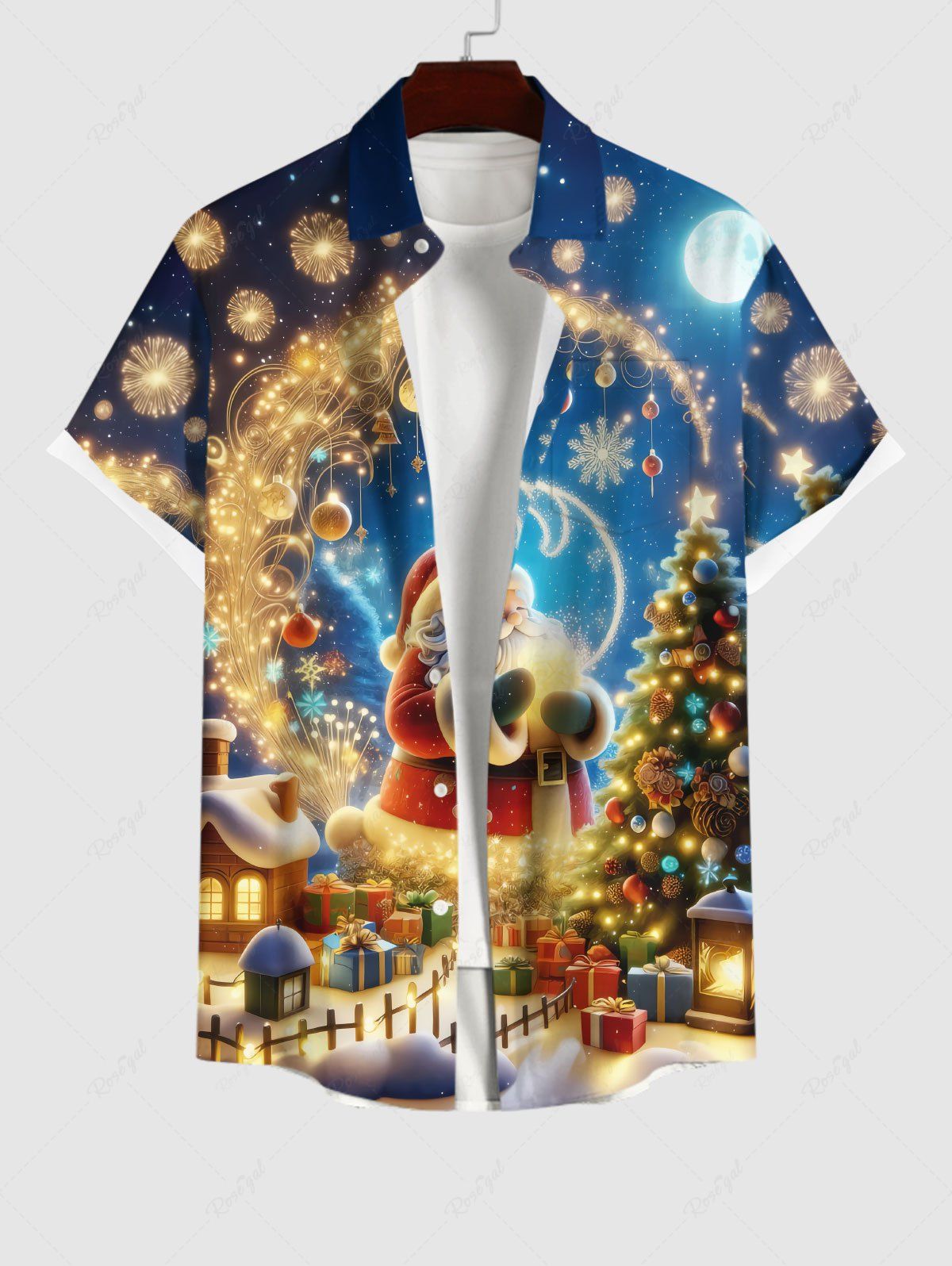 Outfit Plus Size Christmas Tree Santa Claus Fireworks Snowflake Moon Gift Box Glitter 3D Print Buttons Pocket Shirt For Men  