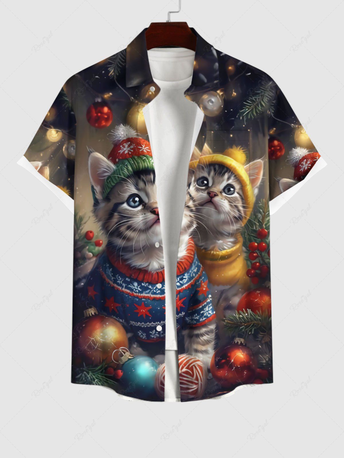Chemise Imprimé Chats Lumière et Boules de Noël avec Boutons Grande Taille pour Hommes Noir 2XL